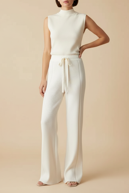 Pantalon Blanc Côtelé Tricoté Fluide Décontracté Femme - Maille