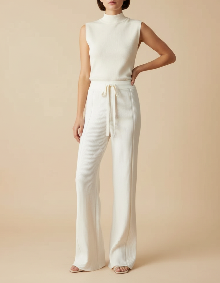 Pantalon Blanc Côtelé Tricoté Fluide Décontracté Femme - Maille