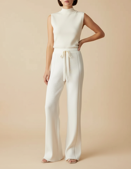 Pantalon Blanc Côtelé Tricoté Fluide Décontracté Femme - Maille
