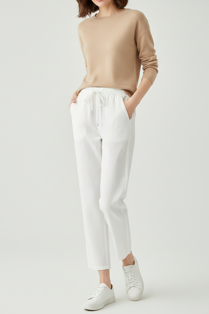 Pantalon Blanc Coton Lin Fluide Décontracté Femme