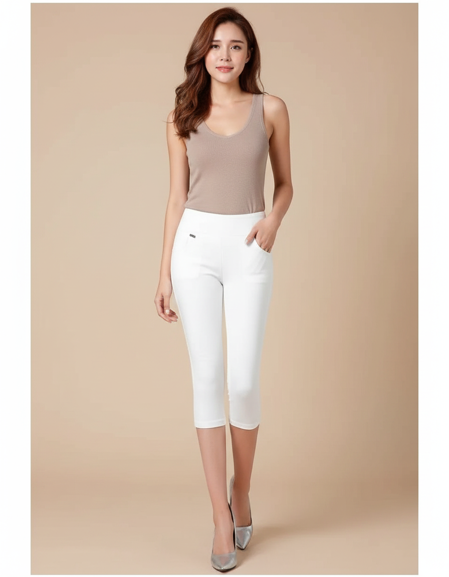 Pantalon Blanc Capri Taille Haute Stretch Femme - Polyester