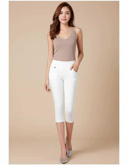 Pantalon Blanc Capri Taille Haute Stretch Femme - Polyester