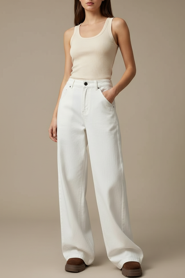 Pantalon Blanc Large Décontracté Taille Haute - Jean