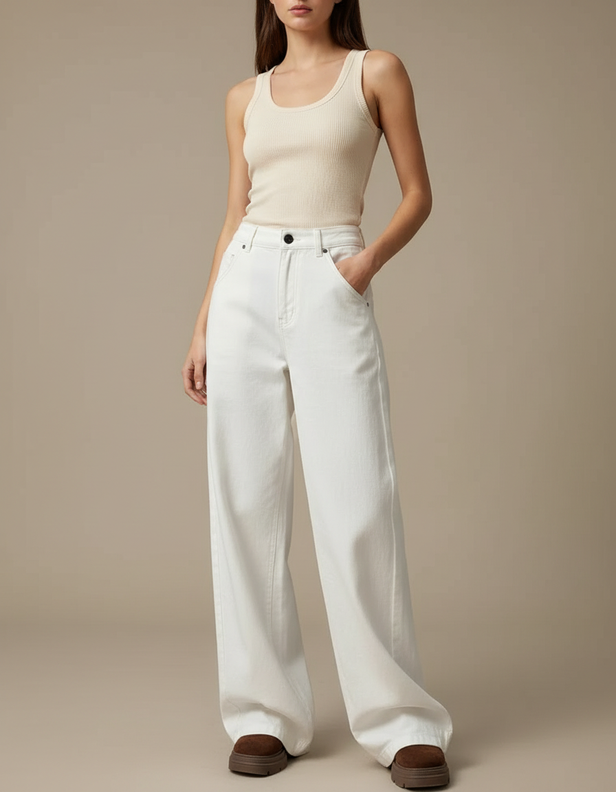 Pantalon Blanc Large Décontracté Taille Haute - Jean