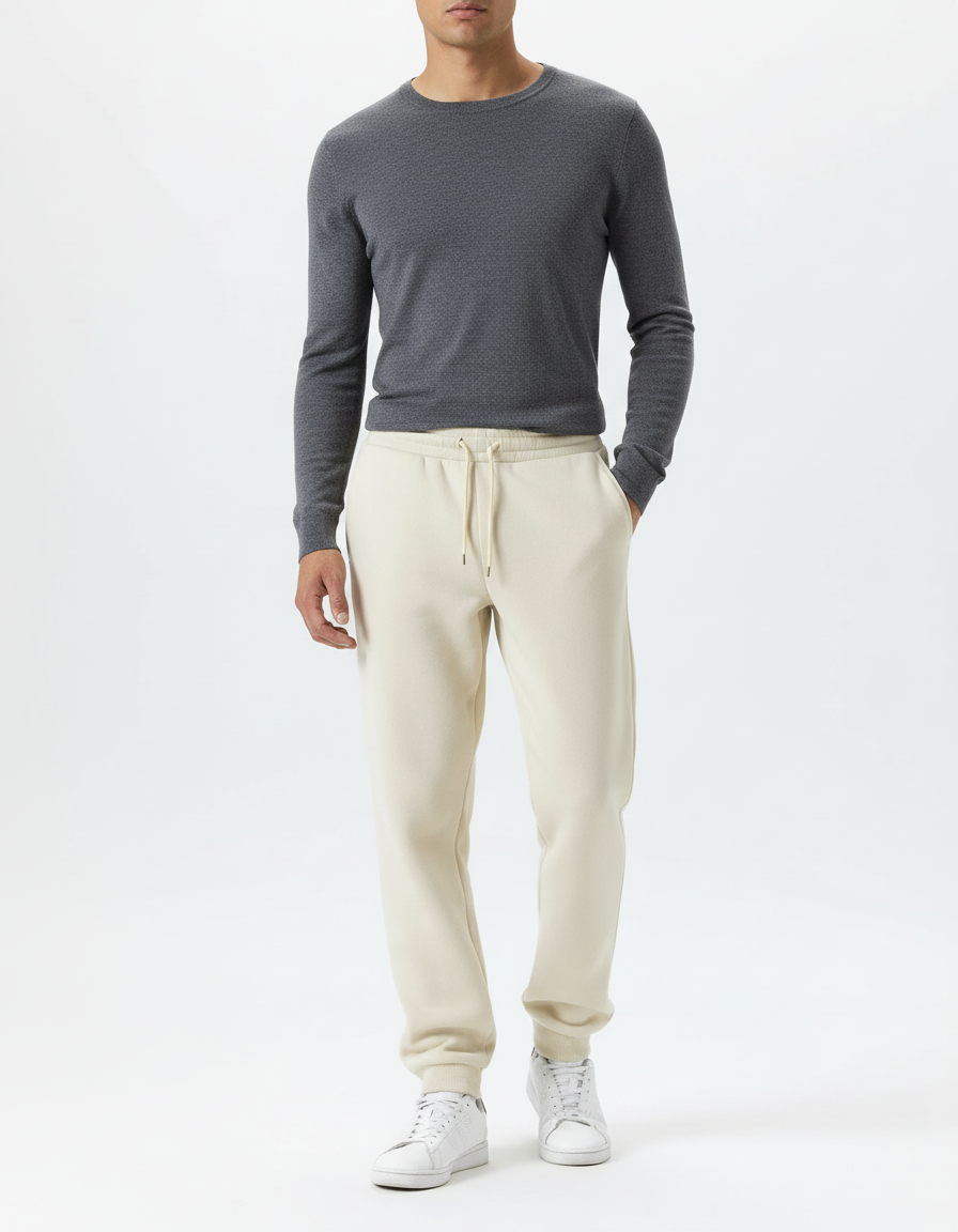 Pantalon Blanc Molletonné Confortable Décontracté Sport - Beige