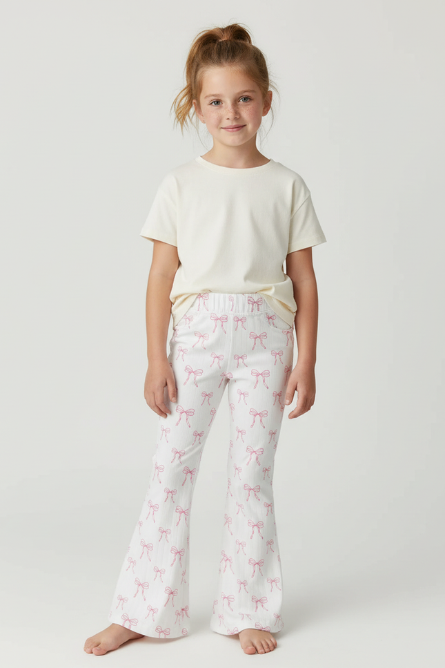 Pantalon Blanc Évasé Imprimé Nœuds Roses Fille - Maille