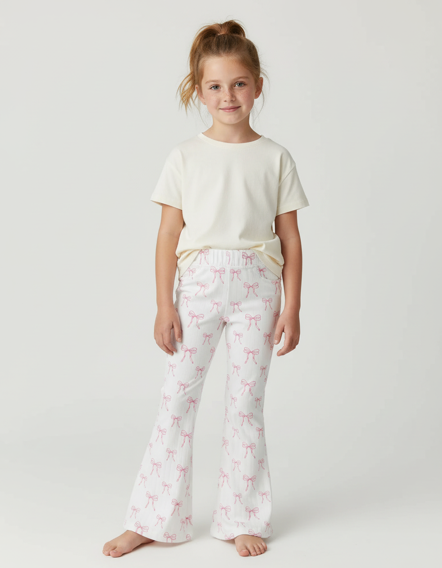 Pantalon Blanc Évasé Imprimé Nœuds Roses Fille - Maille