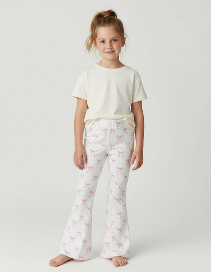 Pantalon Blanc Évasé Imprimé Nœuds Roses Fille - Maille