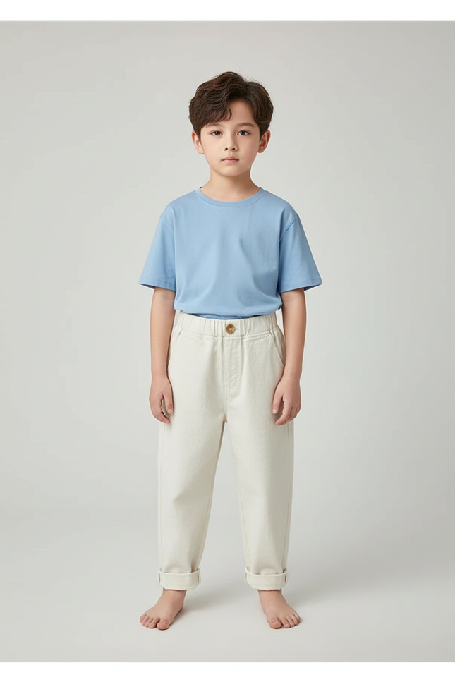 Pantalon Blanc Coton Ample Décontracté Enfant Simple - Beige Toile