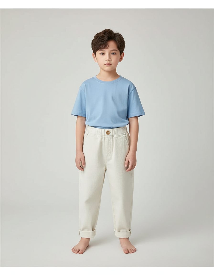 Pantalon Blanc Coton Ample Décontracté Enfant Simple - Beige Toile