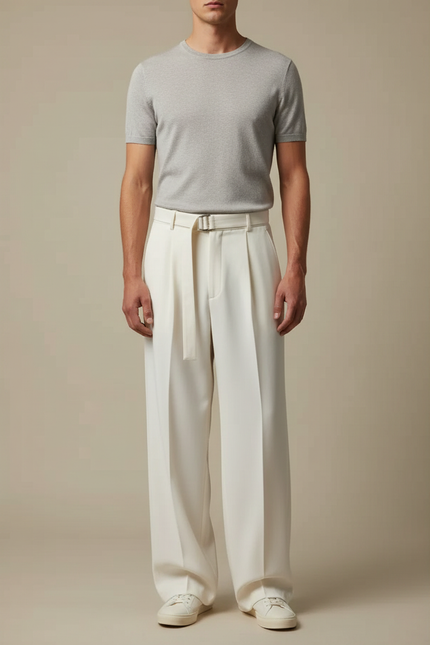 Pantalon Blanc Ample Plissé Décontracté Homme - Gabardine