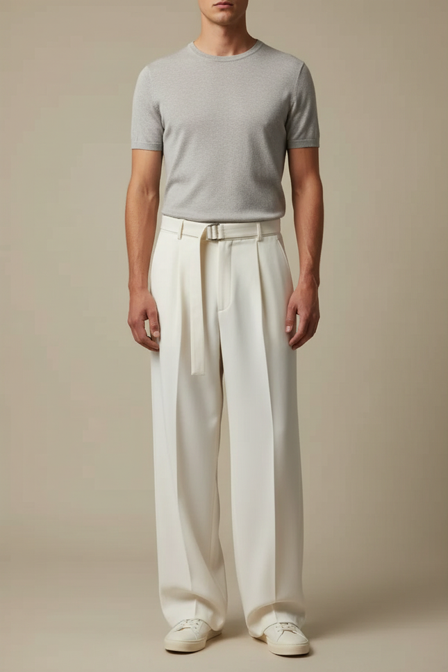 Pantalon Blanc Ample Plissé Décontracté Homme - Gabardine