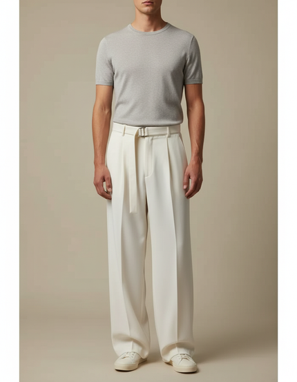 Pantalon Blanc Ample Plissé Décontracté Homme - Gabardine