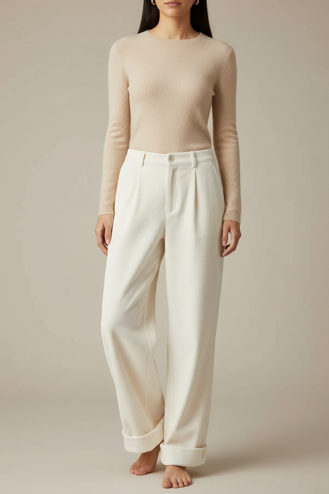 Pantalon Blanc Côtelé Droit Ample Confortable - Cordé
