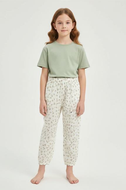 Pantalon Blanc Coton Motif Floral Ample Enfant