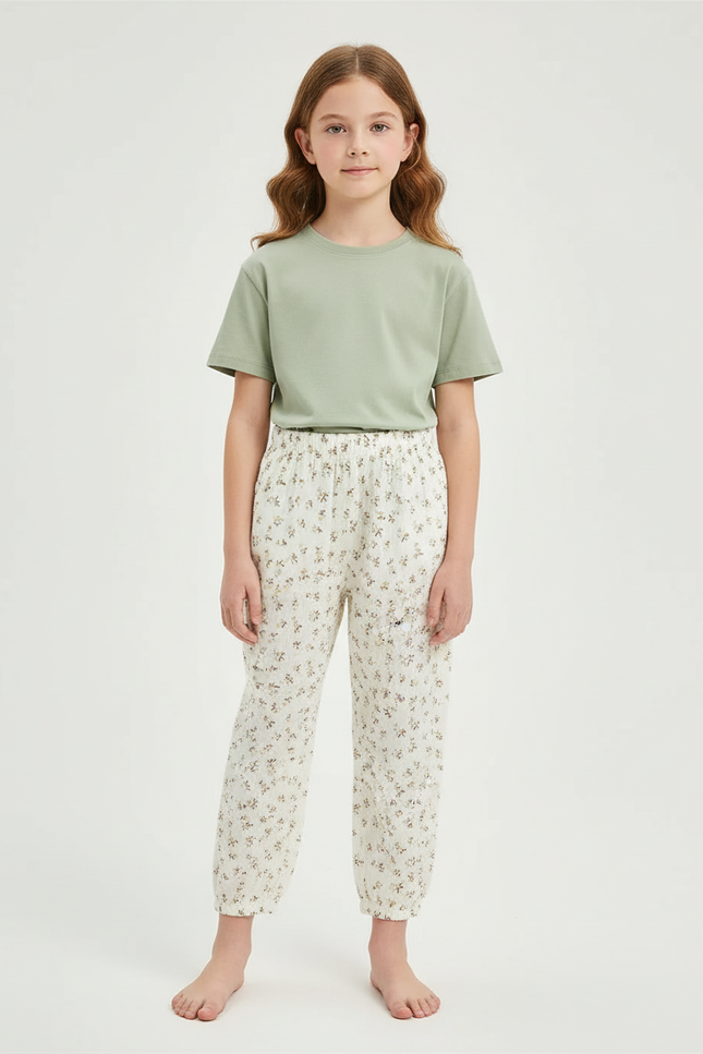 Pantalon Blanc Coton Motif Floral Ample Enfant