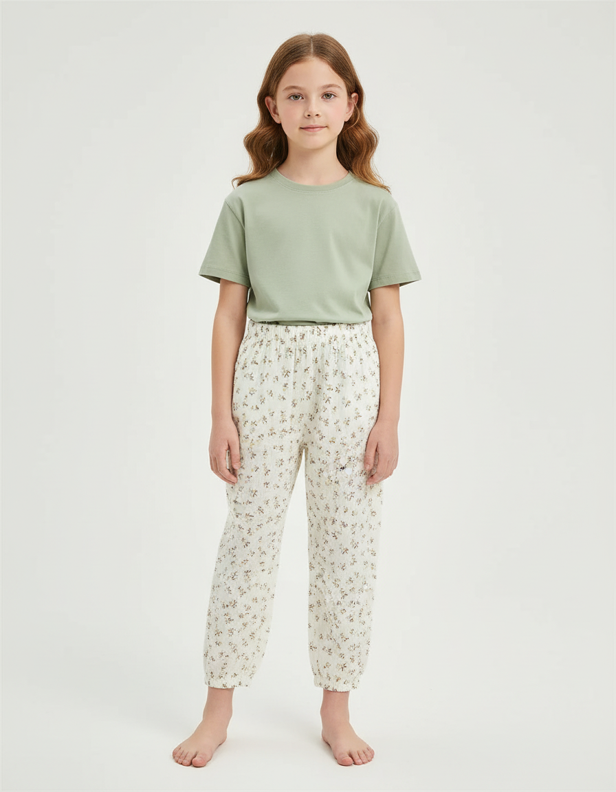 Pantalon Blanc Coton Motif Floral Ample Enfant