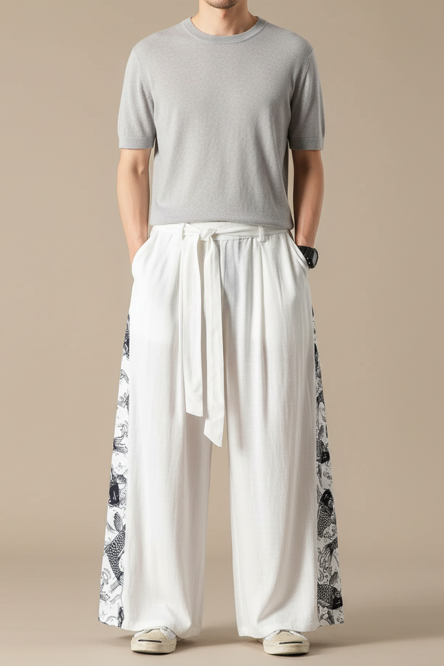 Pantalon Blanc Ample Lin Motif Carpe Chinois