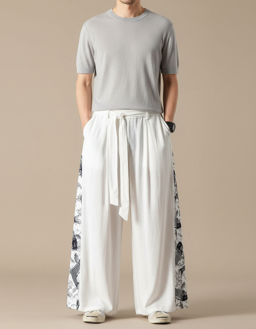 Pantalon Blanc Ample Lin Motif Carpe Chinois