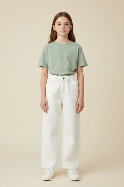Pantalon Blanc Fille Ample Taille Haute Coton - Jean