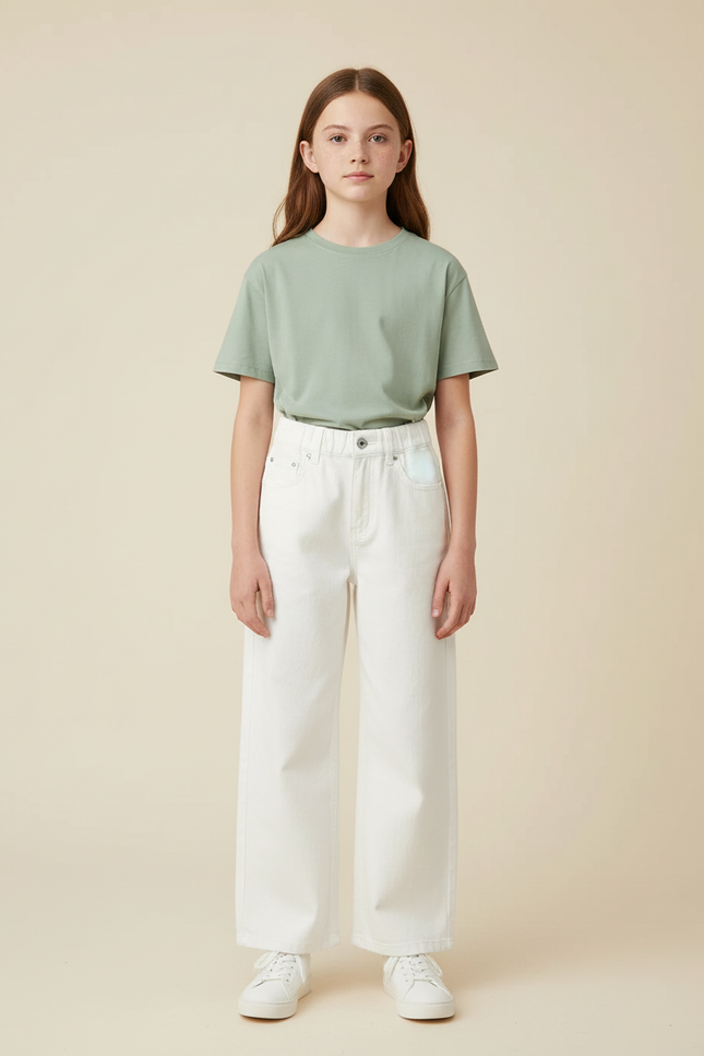 Pantalon Blanc Fille Ample Taille Haute Coton - Jean