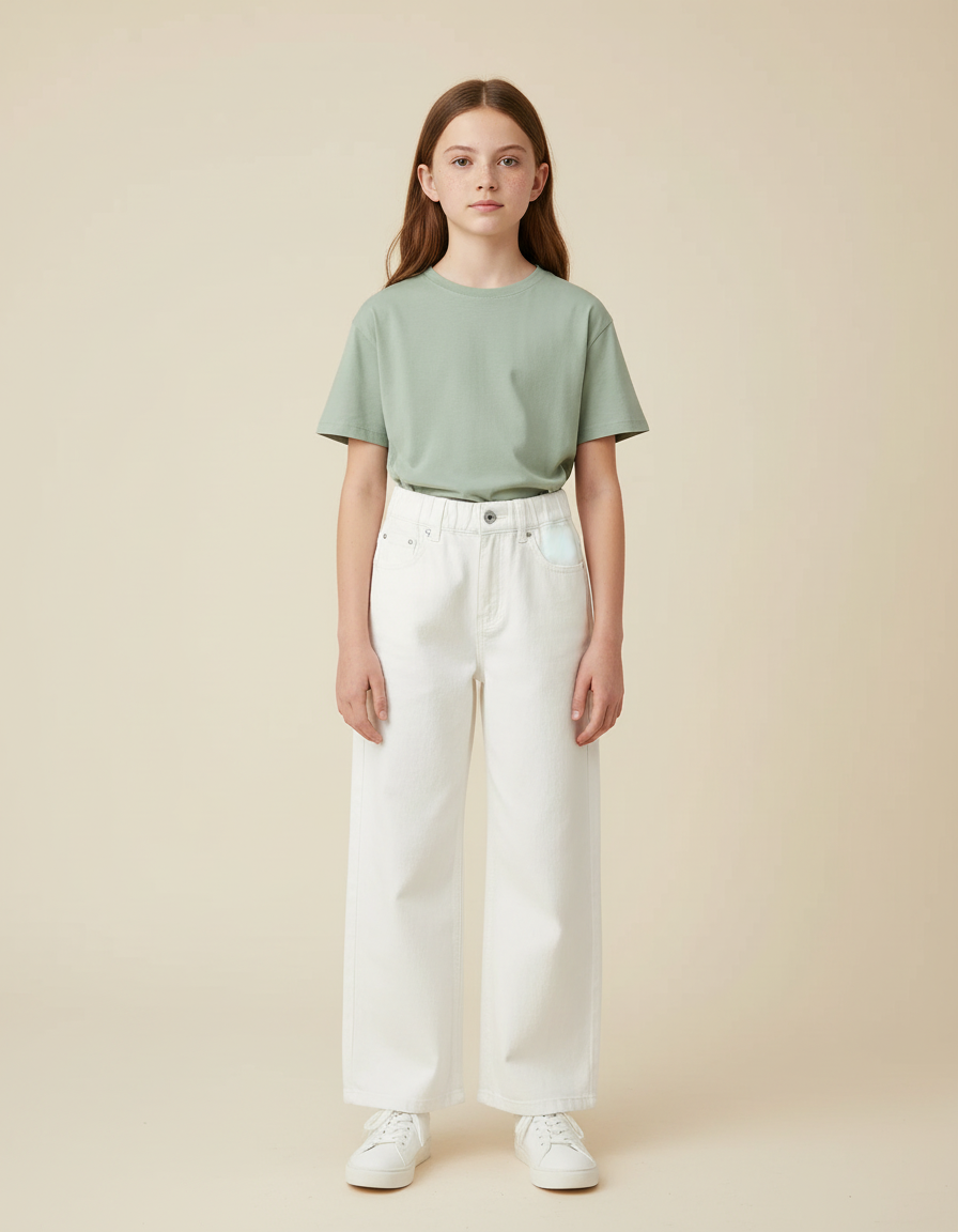Pantalon Blanc Fille Ample Taille Haute Coton - Jean