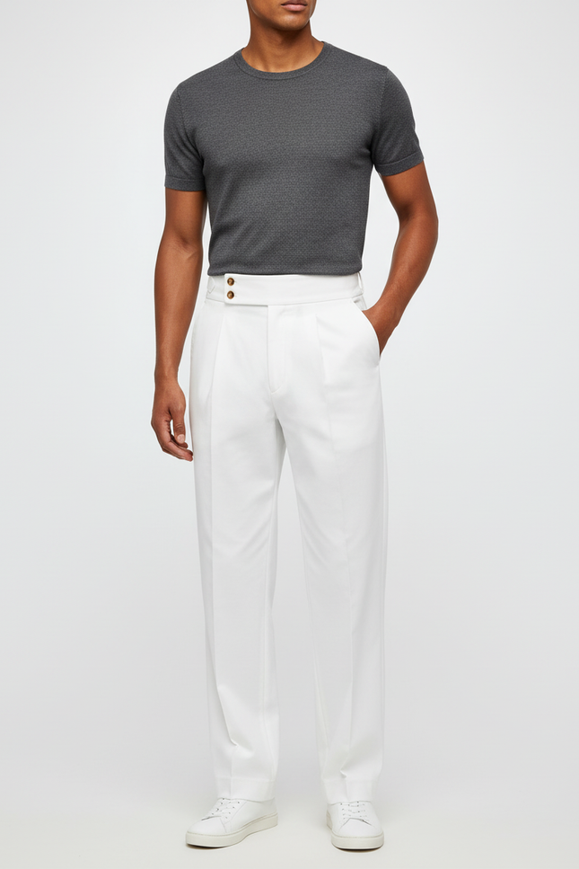 Pantalon Blanc Droit Plissé Habillé Homme Élégant - Gabardine
