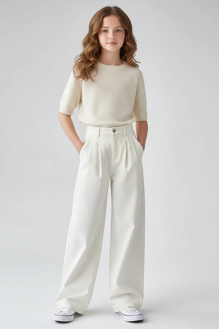 Pantalon Blanc Ample Plissé Décontracté Fille - Toile