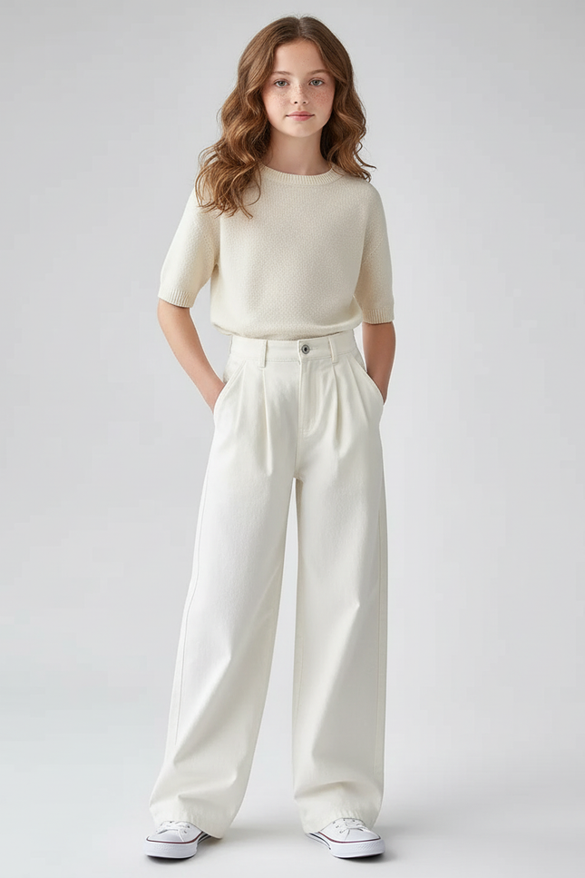 Pantalon Blanc Ample Plissé Décontracté Fille - Toile