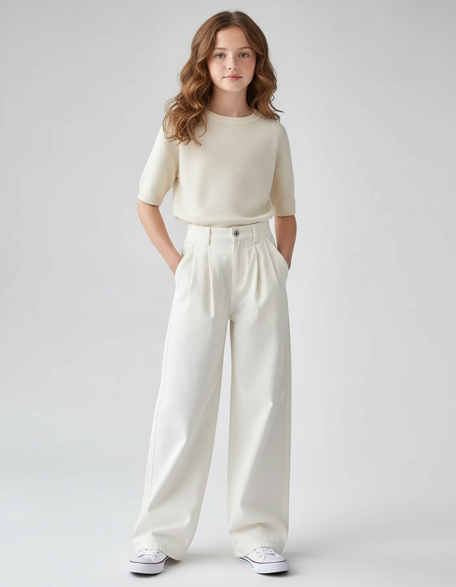 Pantalon Blanc Ample Plissé Décontracté Fille - Toile