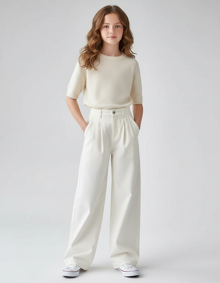 Pantalon Blanc Ample Plissé Décontracté Fille - Toile