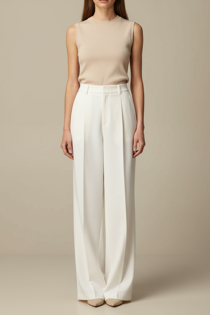 Pantalon Blanc Taille Haute Fluide Ample Élégant - Viscose
