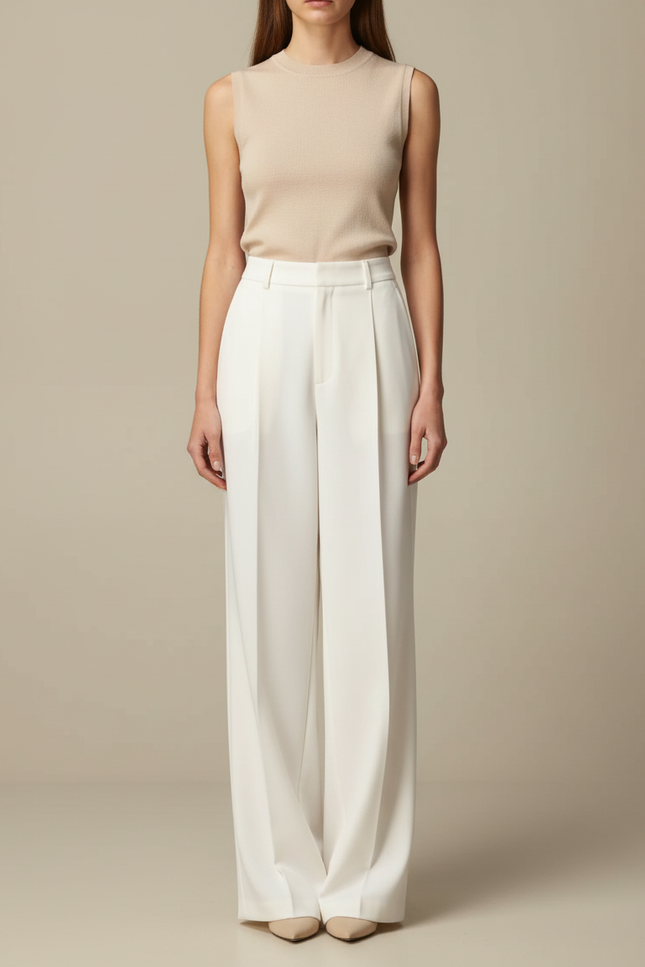 Pantalon Blanc Taille Haute Fluide Ample Élégant - Viscose