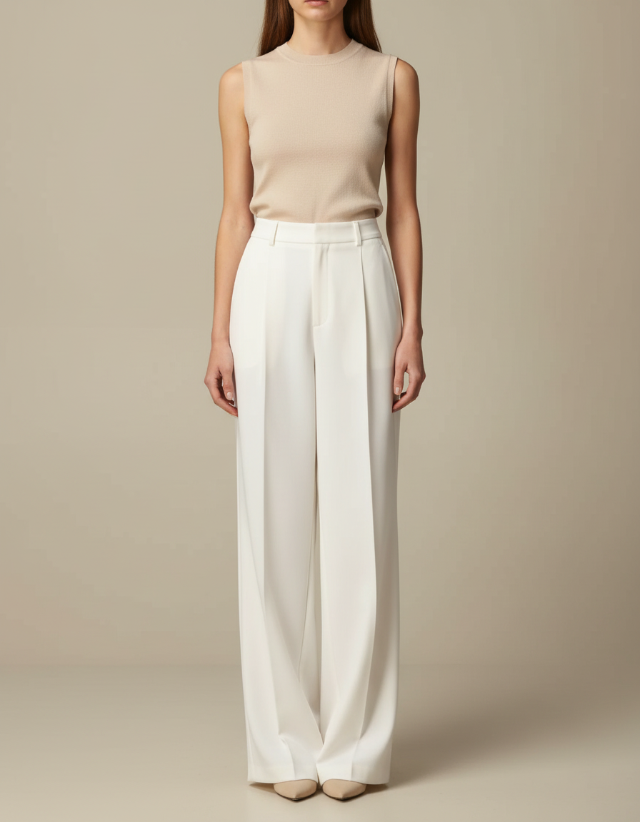 Pantalon Blanc Taille Haute Fluide Ample Élégant - Viscose