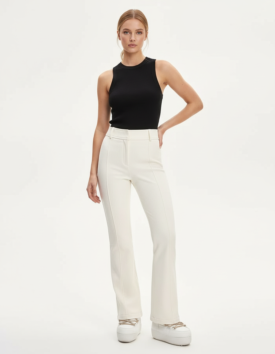 Pantalon Blanc Côtelé Évasé Taille Haute Élégant - Cordé
