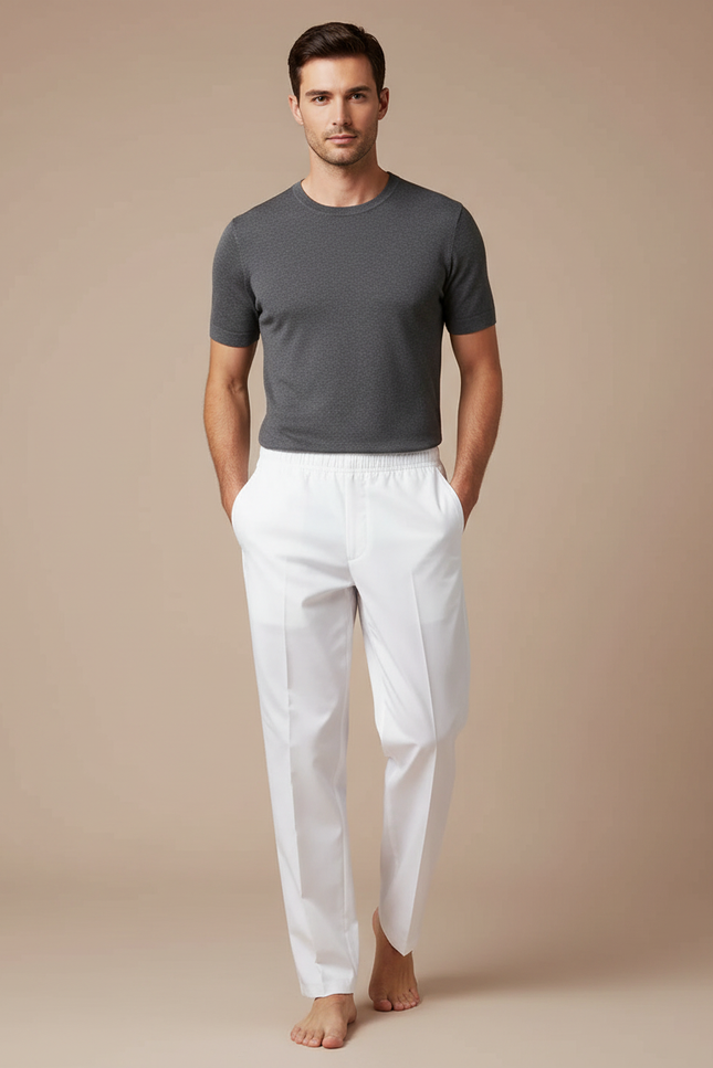 Pantalon Blanc Homme Droit Décontracté Coton Élastique