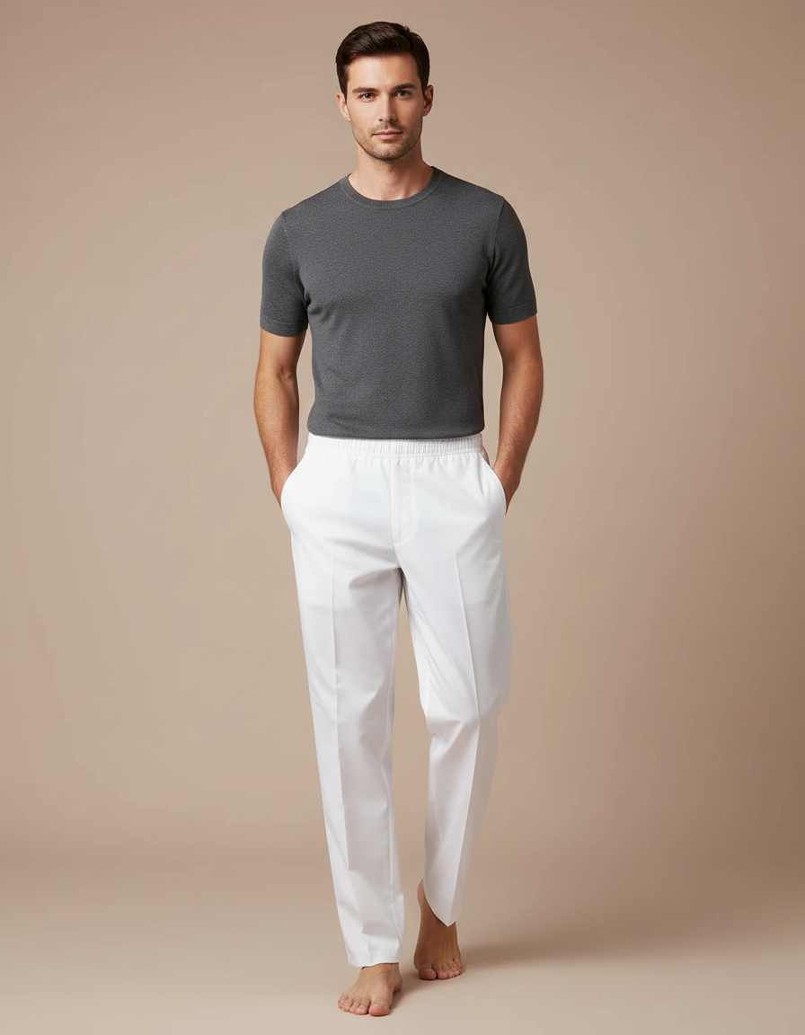 Pantalon Blanc Homme Droit Décontracté Coton Élastique