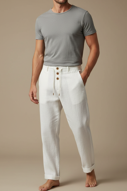 Pantalon Blanc Lin Décontracté Cordon Droit Homme