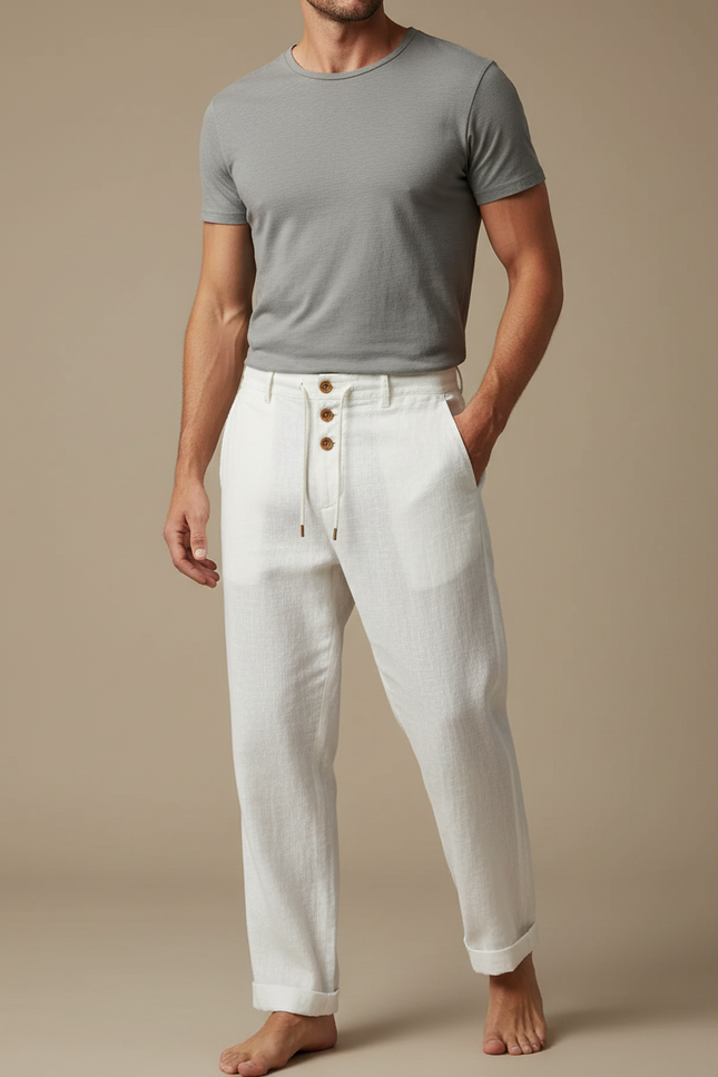 Pantalon Blanc Lin Décontracté Cordon Droit Homme