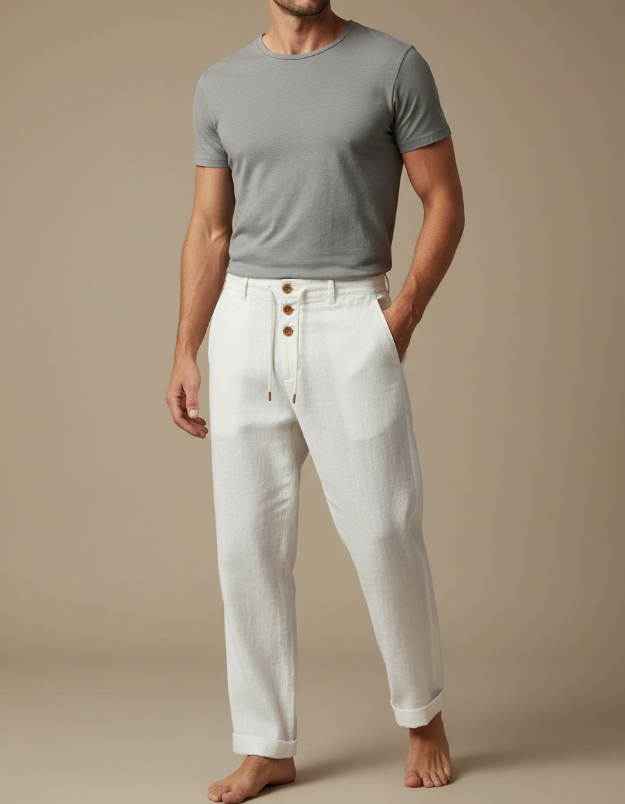 Pantalon Blanc Lin Décontracté Cordon Droit Homme