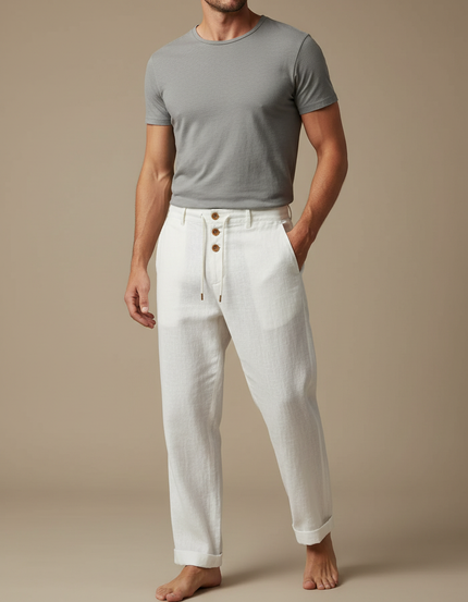 Pantalon Blanc Lin Décontracté Cordon Droit Homme