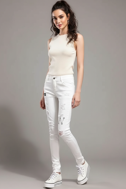 Pantalon Blanc Femme Slim Brodé Délavé - Jean