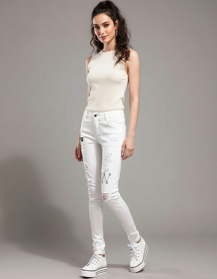 Pantalon Blanc Femme Slim Brodé Délavé - Jean