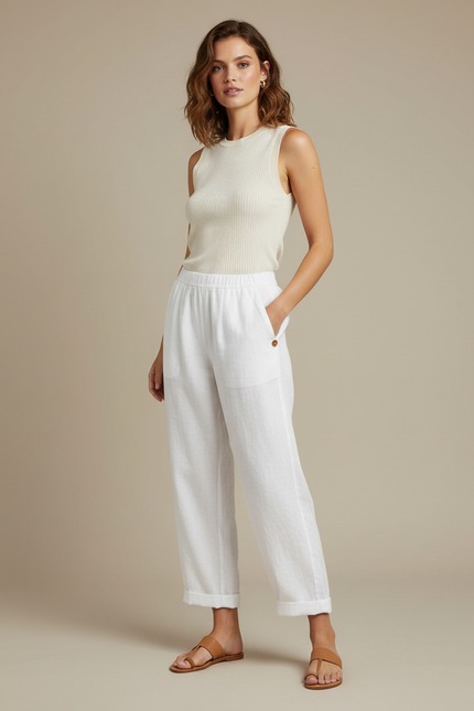 Pantalon Blanc Lin Fluide Décontracté Femme Confortable