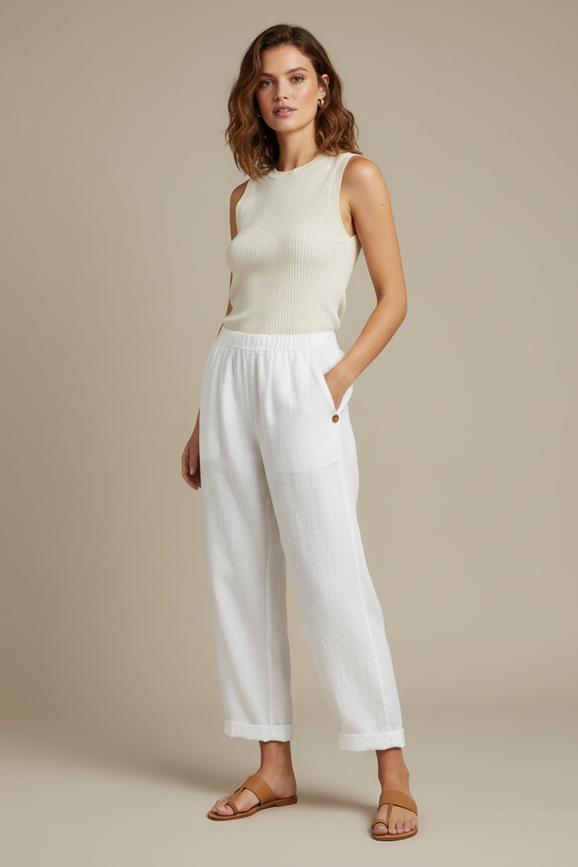 Pantalon Blanc Lin Fluide Décontracté Femme Confortable