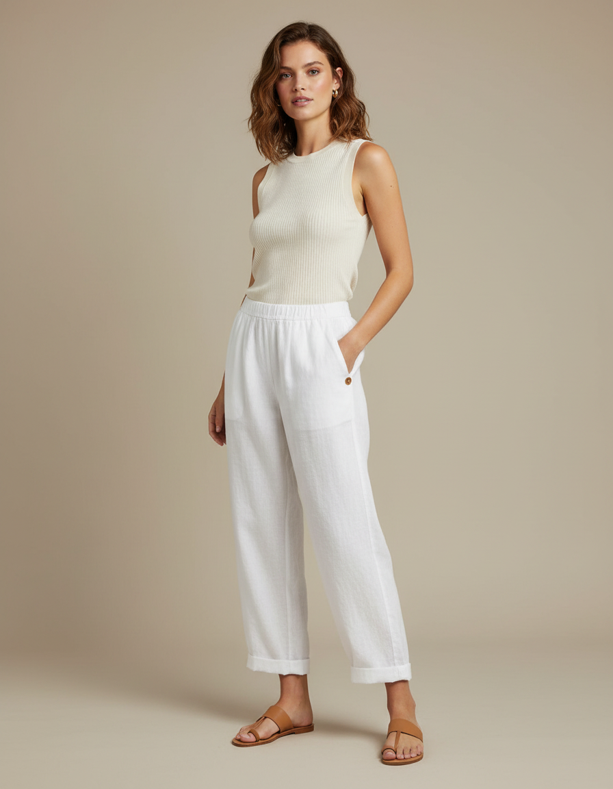 Pantalon Blanc Lin Fluide Décontracté Femme Confortable