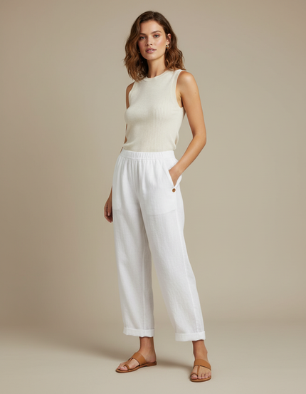 Pantalon Blanc Lin Fluide Décontracté Femme Confortable