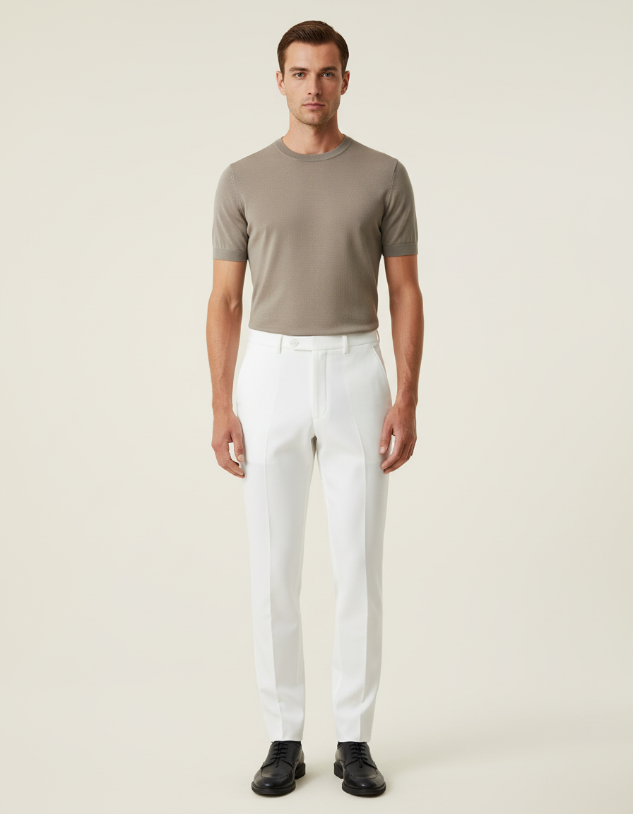 Pantalon Blanc Homme Droit Élégant Classique Habillé - Gabardine