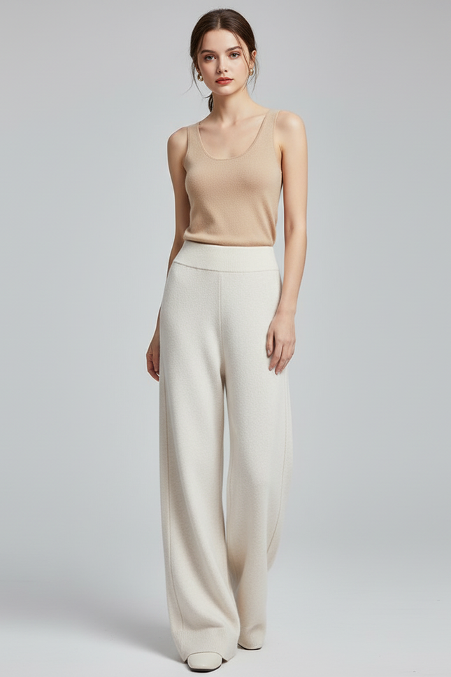 Pantalon Blanc Ample Tricoté Taille Haute - Laine