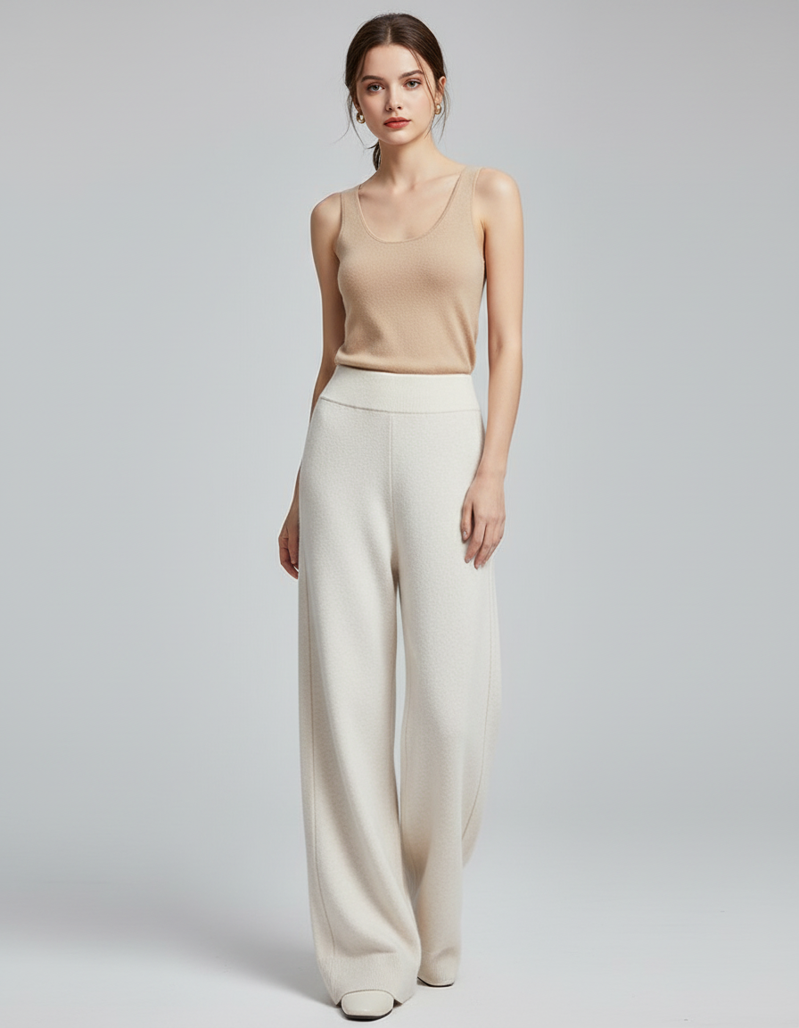 Pantalon Blanc Ample Tricoté Taille Haute - Laine